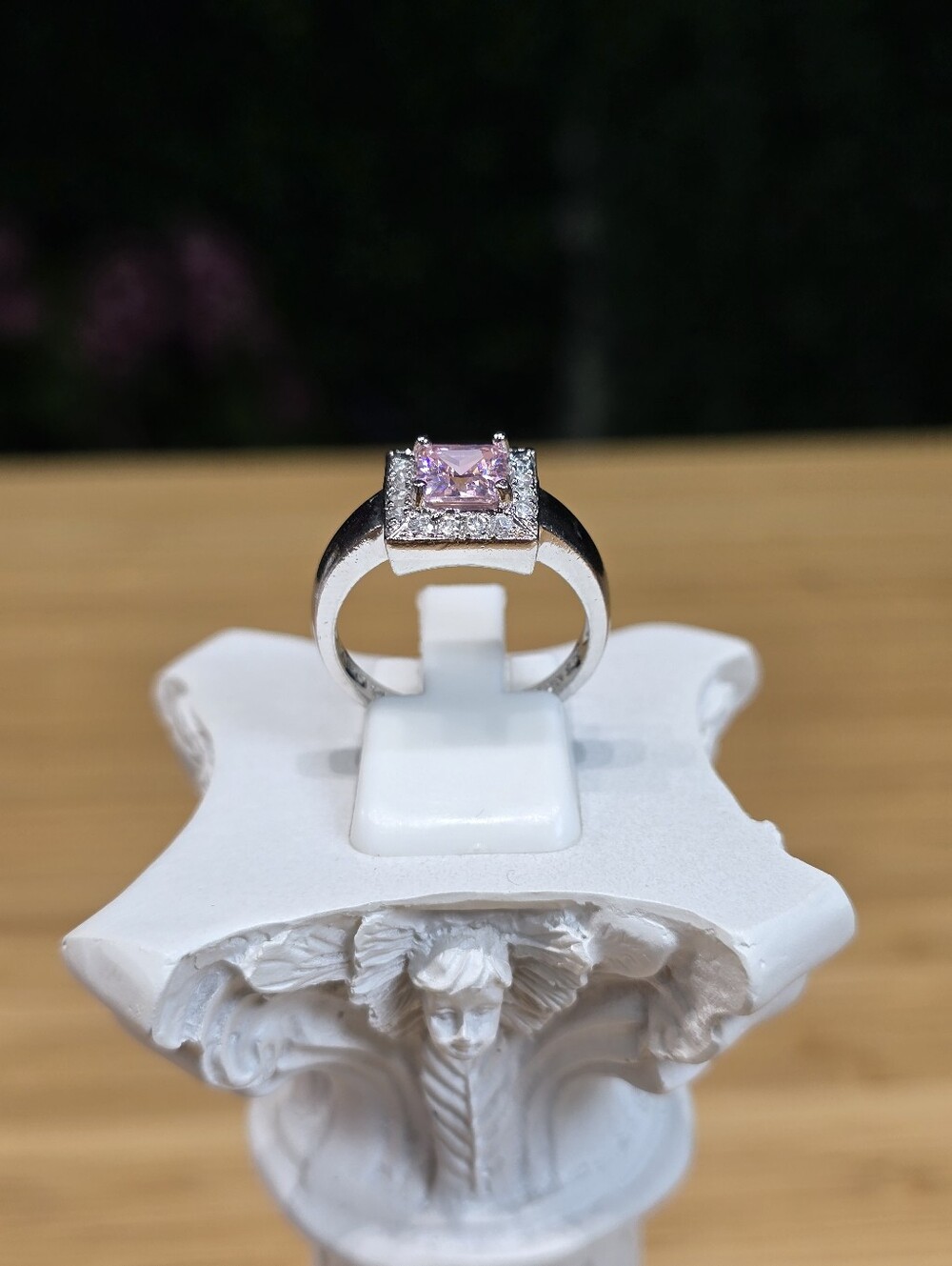 Silver Pink Square-Cut Ring with Halo Accent